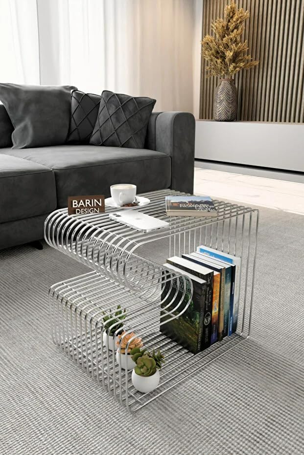 Modern Metal Tel Orta Sehpa Yan Sehpa – Orta Sehpa ve Dekoratif Salon Masası Gümüş