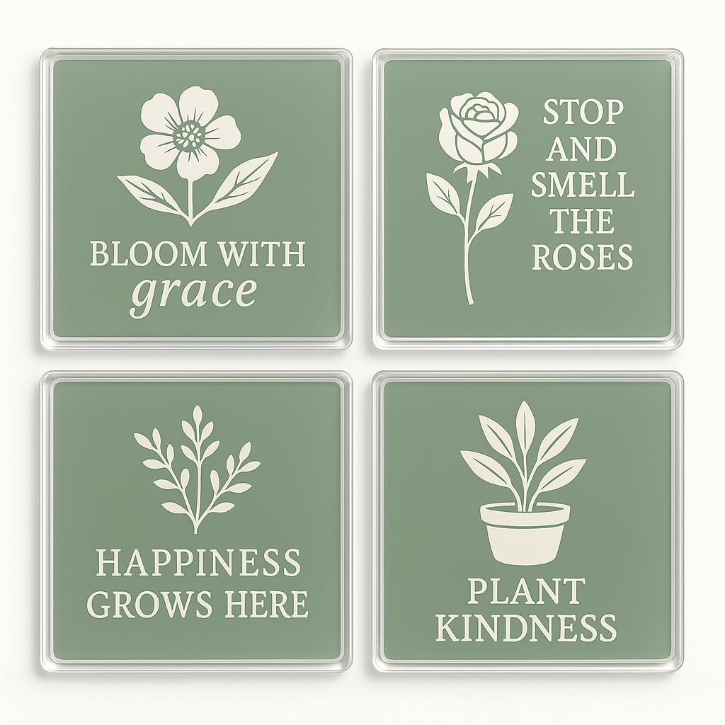 The Plum Penguin Sage Serenity Set Acrylic Coaster Gift Set Of 4 With Botanical Sage Serenity Design - Elegant Home Decor For Grandma's Tea Time Delight