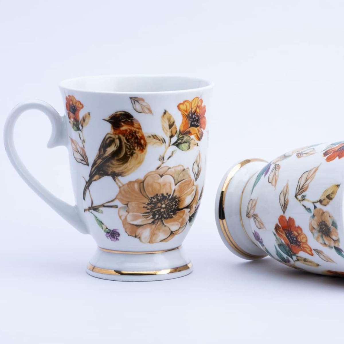 Mug Set of 2 for Coffee, Tea, Milk | Perfect for Casual Gatherings, Tea Party or Daily Beverage | 24 Carat Gold on Foot (Multicolour - Bird)