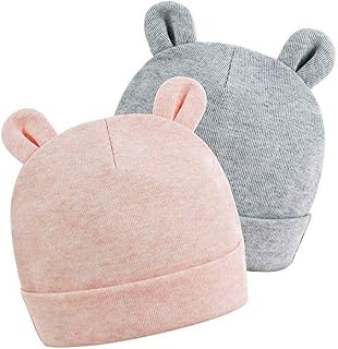 Originale Cotton Newborn Berretti cappello a strisce sveglio del bambino per i ragazzi ragazze Orso Orecchie Beanie infantile 2-Pack, rosa e grigio