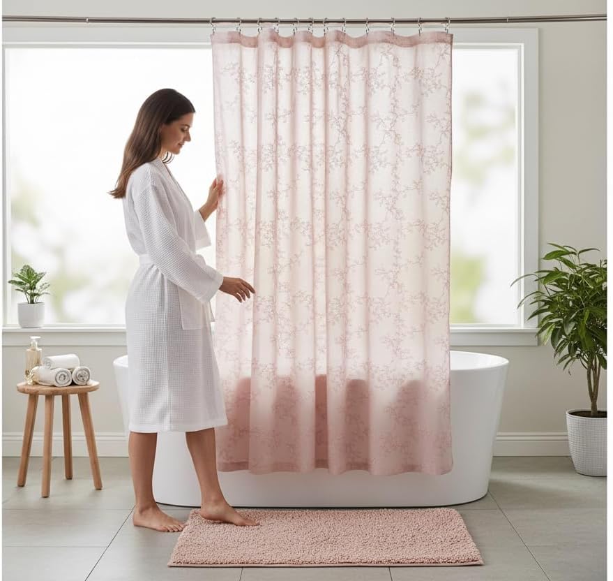 Serafina Home Decorative Sheer Fabric Shower Curtain for Bathroom: Embroidered Botanical Design Metallic Silver Lined (Blush/Blush)