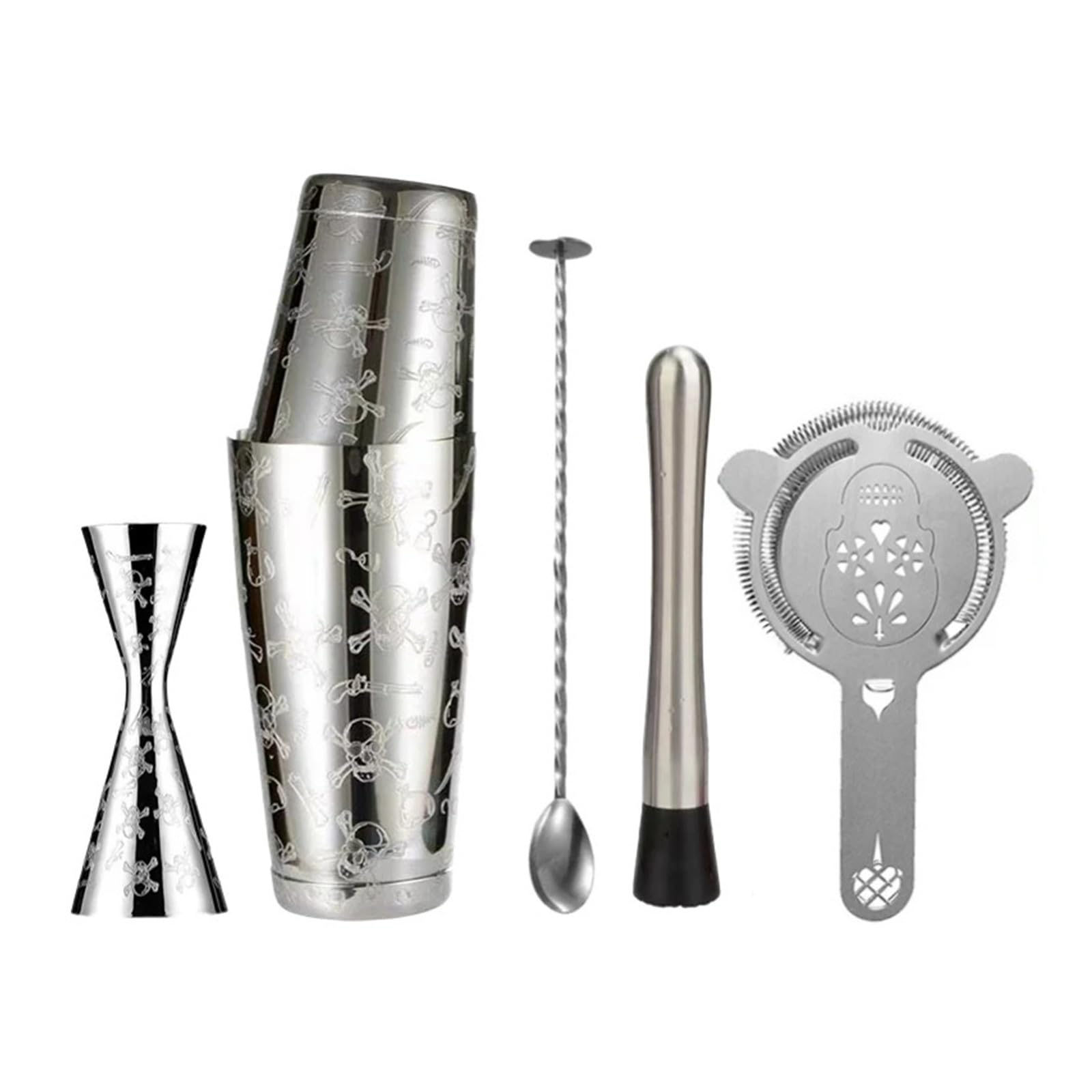 Juego de coctelera, herramientas for cócteles con Jigger grabado, colador hielo y cuchara