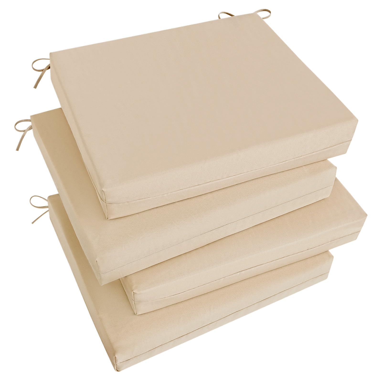 Basic Beyond - Lot de 4 Coussins de Chaise d'extérieur carrés imperméables avec Rubans - pour Meubles de terrasse - 47 x 40,6 x 7,6 cm - Beige