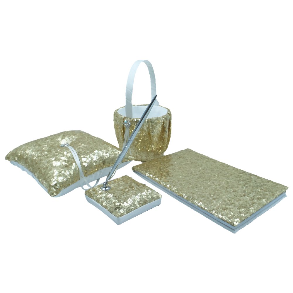 Abbie Home Sequin Glitter Wedding Guest Book + Pen Set + Flower Basket + Ring Bearer Pillow Rhinestone Décor Wedding Party Favor-Gold