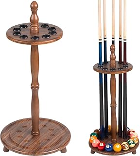 Collapsar Pool Stick Holder Floor Stand,Billiard Cue Rack Holds 10 Cues and a Full Set of Balls,Solid Wood Pool Cue Rack