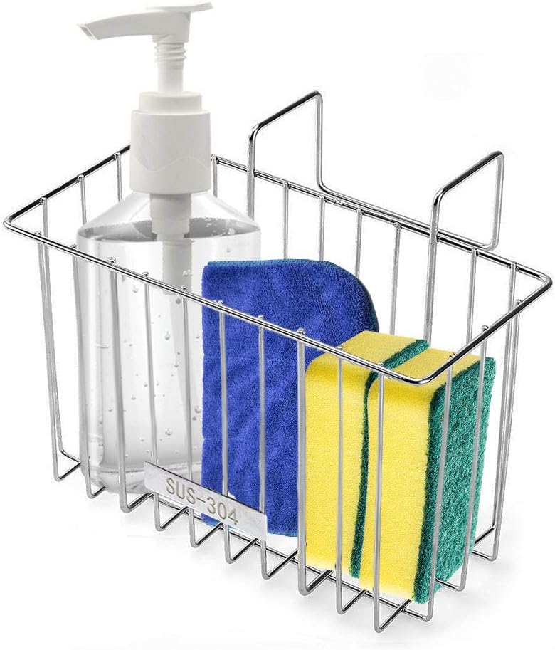 304 (18/8) Stainless Steel Kitchen Sink Sponge Holder, Sink Caddy Organizer Dishwashing Liquid Drainer Rack for Sponge, Soap, Brush, Dishwashing Accessories