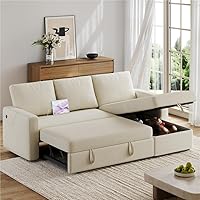 Yaheetech Reversible L-Shaped Sectional Sofa Bed with Chaise, Pull-Out Sleeper, USB Ports & Storage - Beige Couch for Living Room