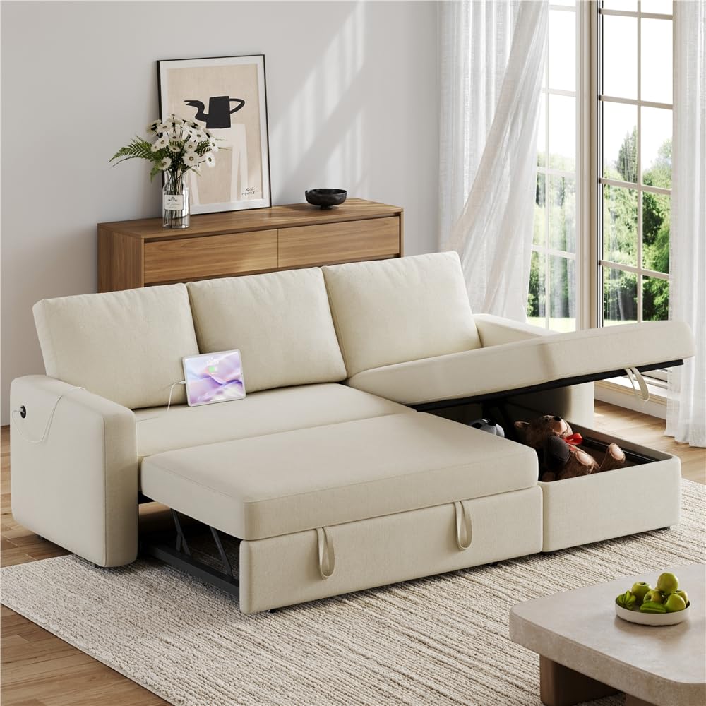 Yaheetech Sectional Sofa L-Shaped Sofa Couch Bed w/Chaise & USB, Reversible Couch Sleeper w/Pull Out Bed & Storage Space Living Room Beige (BOX B OF B ONLY) incomplete 
