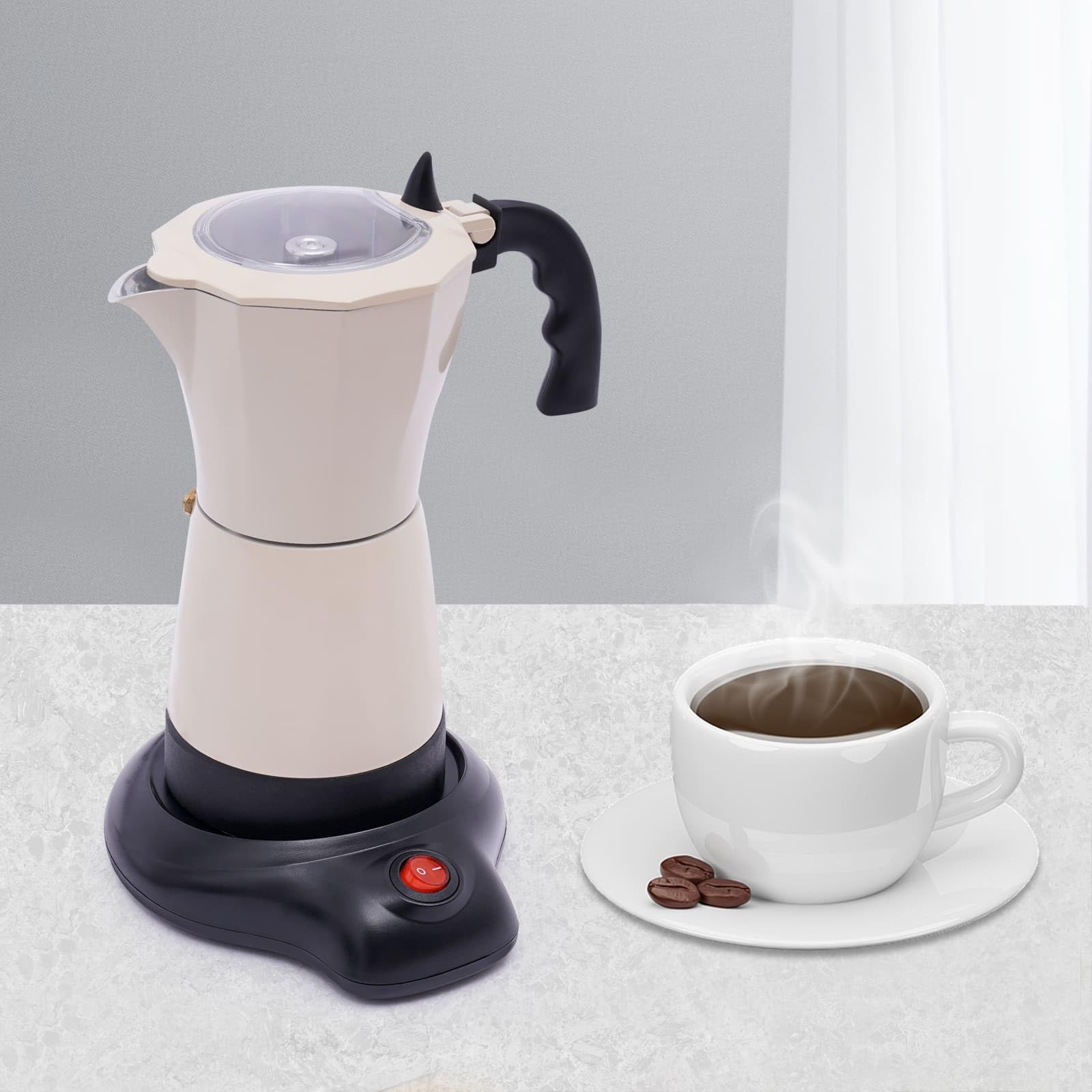 Cafetera eléctrica italiana con base para 6 tazas de café espresso, 300 ml, 480 W, aleación de aluminio, giratorio de 360 grados, 10,2 x 19,5 cm (blanco crema)