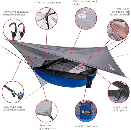 Miniatura 2 de Easthills Outdoors Jungle Explorer Hamaca doble de 118 x 79 pulgadas, paracaídas ligera, de nailon Ripstop para 2 personas con red extraíble,