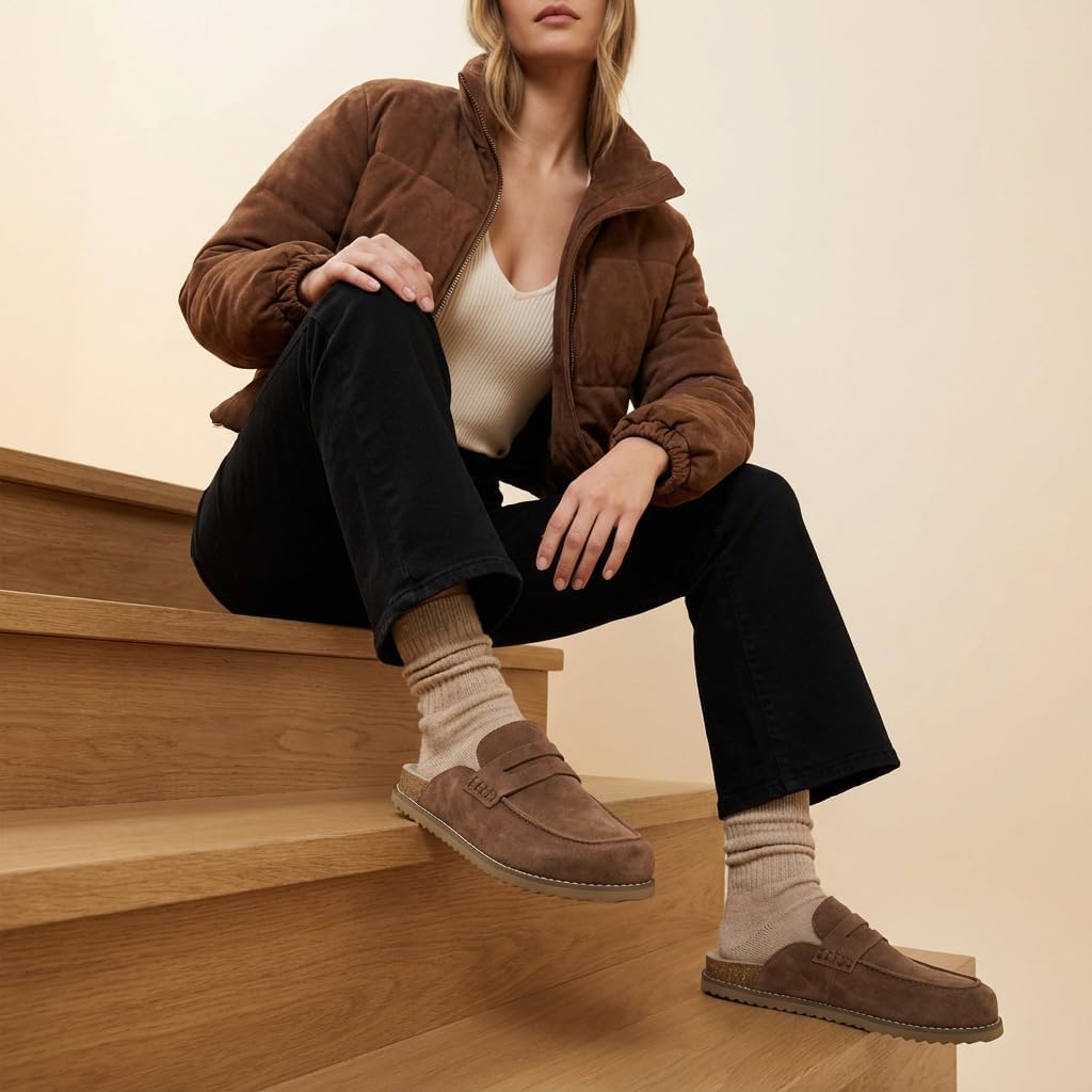CUSHIONAIRE Zola Women’s Penny Clog Mule – Suede Slip-On with Memory Foam, Cork Footbed & Flexible Outsole