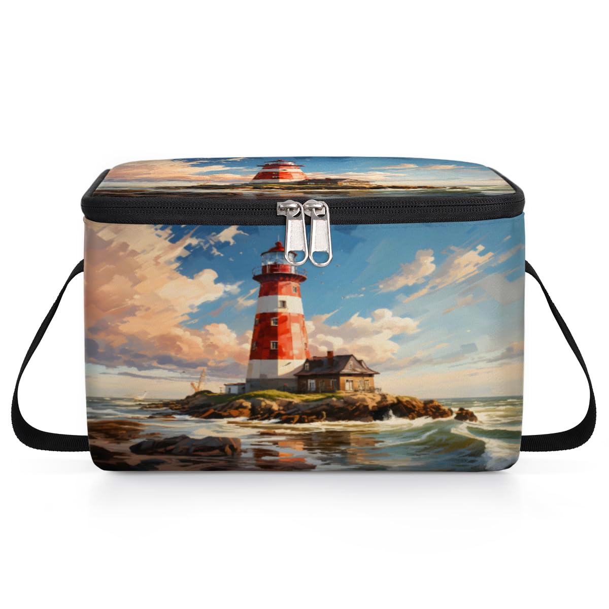 GzLeyigou Sea Lunch Bags for Women Men 9 Cans, Hot & Cold Food Delivery Bag Insulated Grocery Bag Insulated Lunch Box Lighthouse Cooler Bag for Office Work Picnic Beach