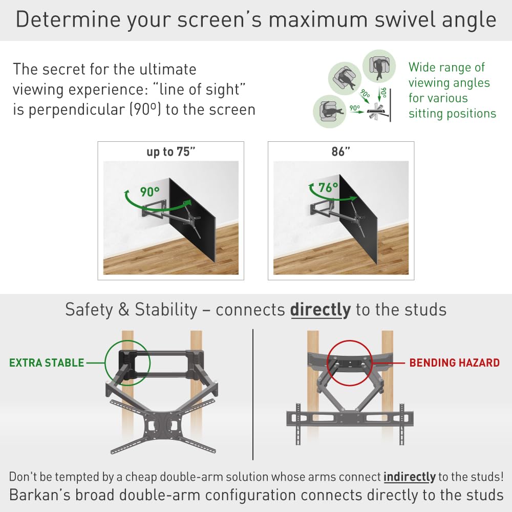 Barkan Longueur 101cm Support TV Mural pour écrans 13-80 Pouces, Double Bras, Inclinable et orientable, Poids Max. 50Kg, Extrêmement Stable, pour LED OLED LCD, jusqu'à VESA 600x400