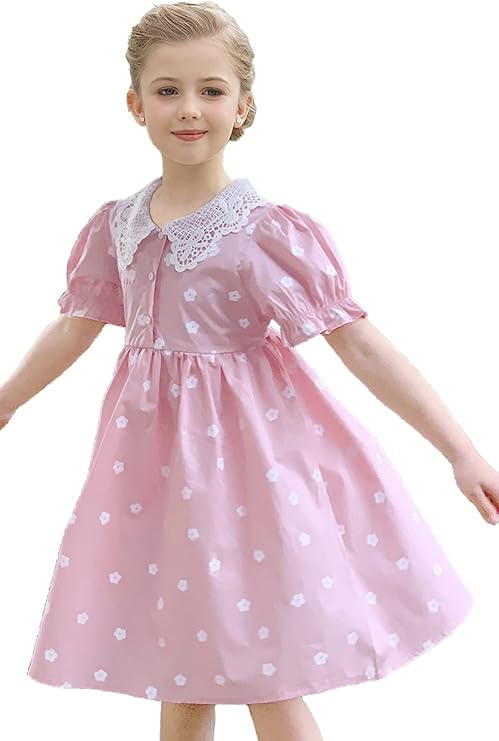 Vintage Style Children’s Clothing: Girls, Boys, Baby, Toddler SMILING PINKER Girls Crochet Peter Pan Collar Dresses Floral Button Up Short Puff Sleeve Party Dress with Belt 3-10 Years  AT vintagedancer.com