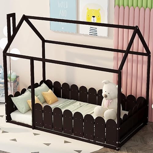 Miniatura 14 de MERITLINE Camas completas con cama nido para niños, marco de cama casa de juegos de madera para niñas y niños, cama completa tipo casa con techo, no