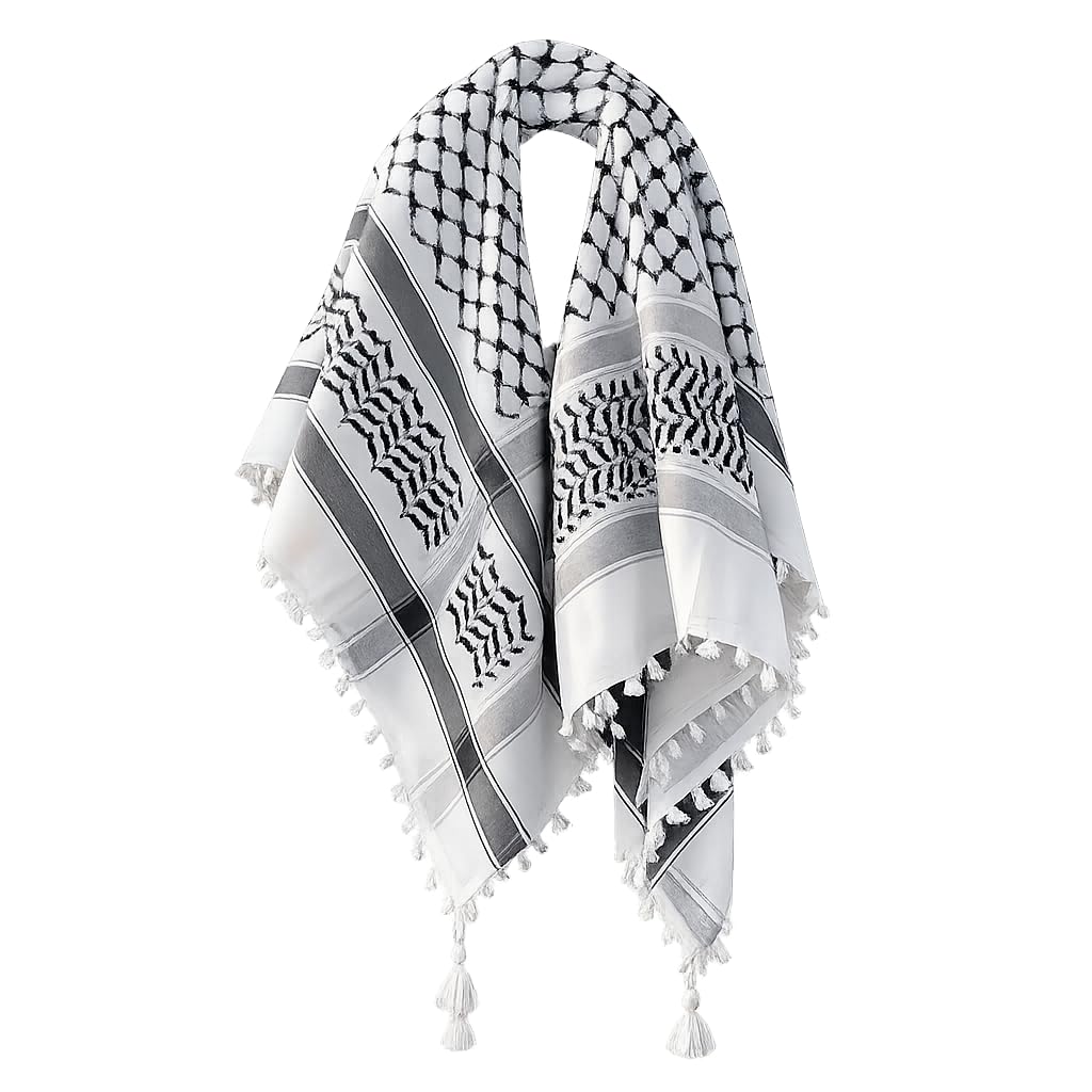 Keffiyeh Scarf for Men & Women | 48 x 48 Inch Square Arab Shemagh | Soft Cotton Blend Tassel Head Scarf | Palestinian Style Neck Scarf for Fashion & Everyday Wear | White Black-image-10
