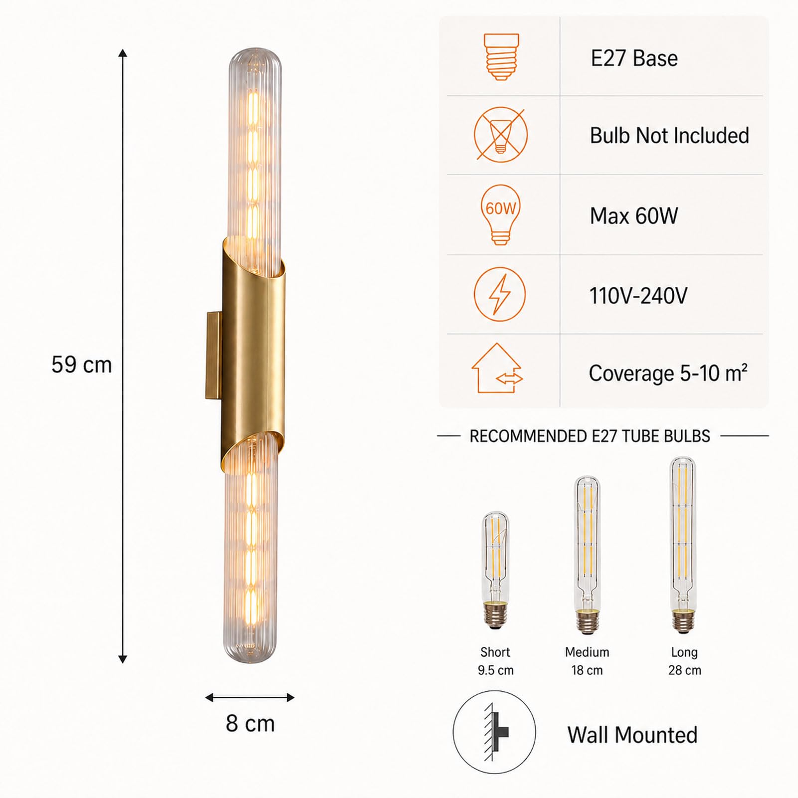 Aplique Pared Vidrio Vertical E27 Luz Interior Moderna pack de 2