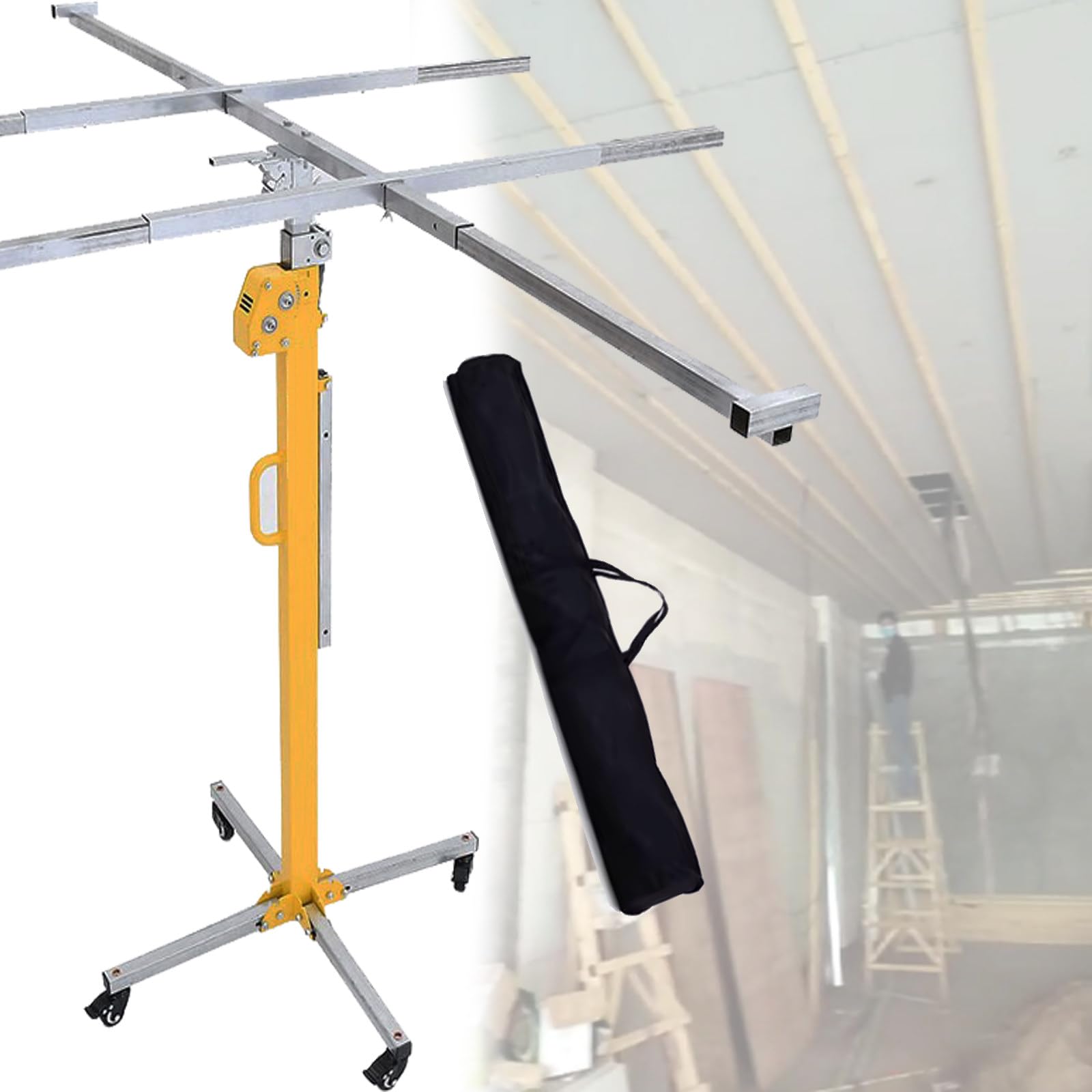 Rollheber für Trockenbauplatten, 3/3,5/4/4,5/5 m Sheetrock-Hebebühne, Trockenbau-Hebebühne, 150 lb Tragkraft, Plattenhebebühne, Stahlmaterial mit Teleskoparm und 4 feststellbaren Rädern,4m