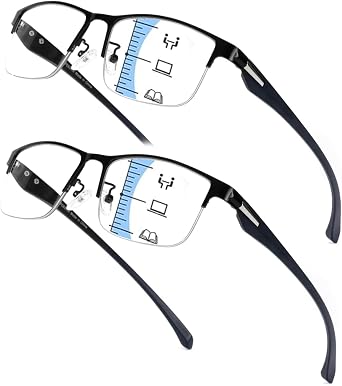 Viseng Progressive Multifocus Reading Glasses - TR90 Temples Blue Light Blocking & Anti UV, Half Frame Multifocal Eyeglasses