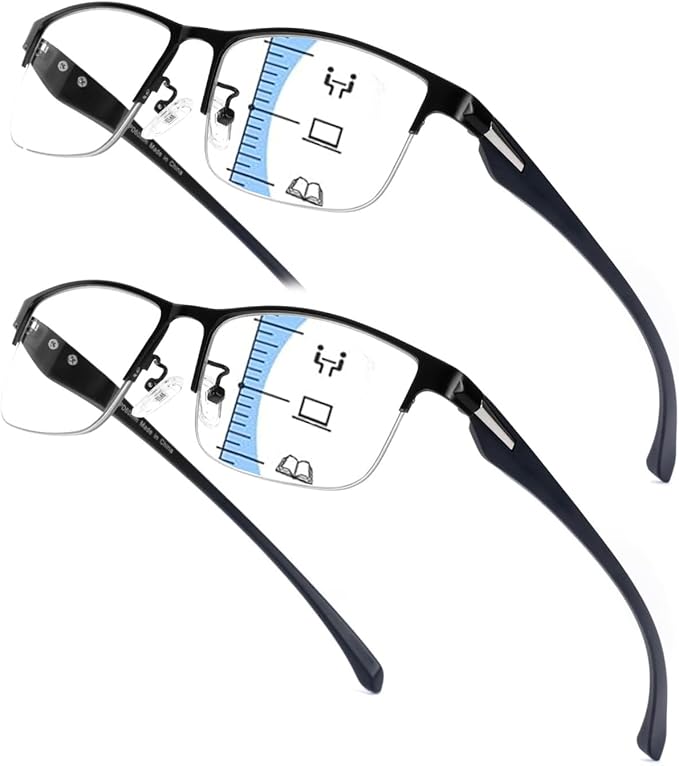 Hubeye 2 Pack Progressive Multifocus Reading Glasses for Men Metal Half Frame TR90 Temples Blue Light Blocking Computer Readers 2.50