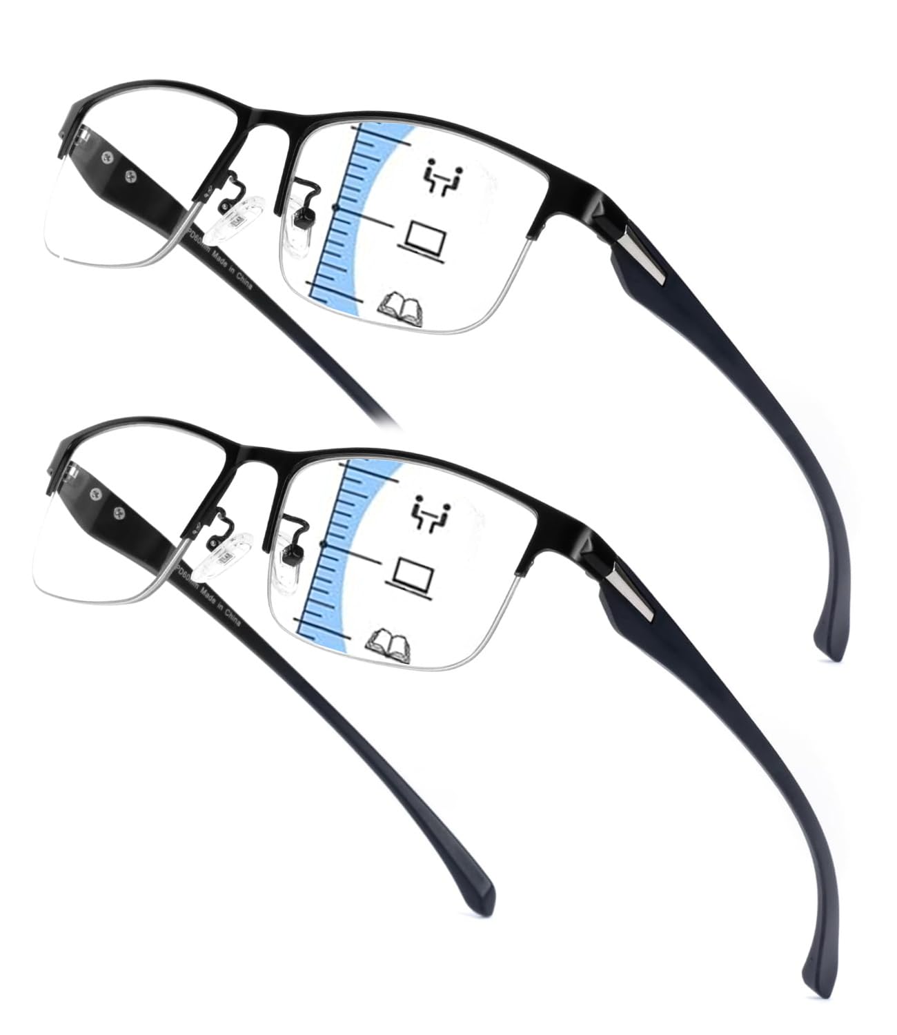 Hubeye Gafas de lectura Multifocales Progresivas para Mujeres y Hombres Marco Metálico Cuadrado Anteojos de lectura de Metal Gafas anti luz azul (Negro+Negro, 2.00)