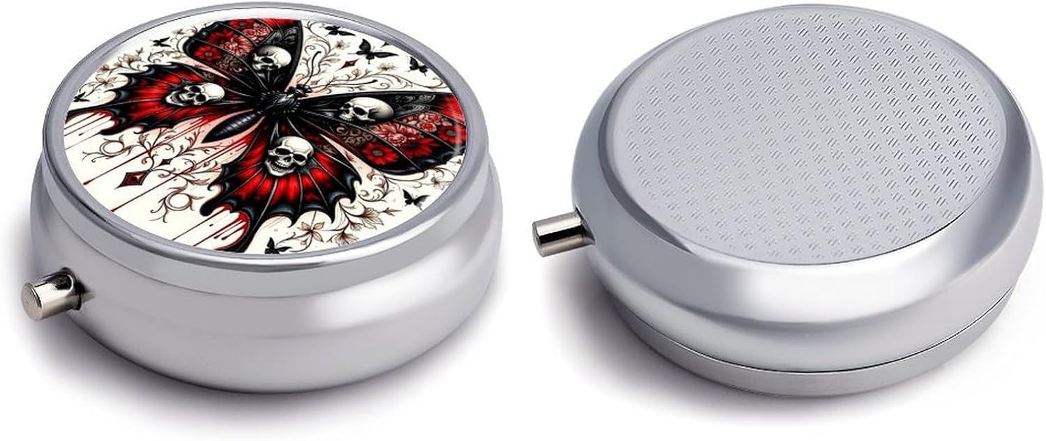 Dark Butterfly Round Pill Box with 3 Compartments & Mirror image 5