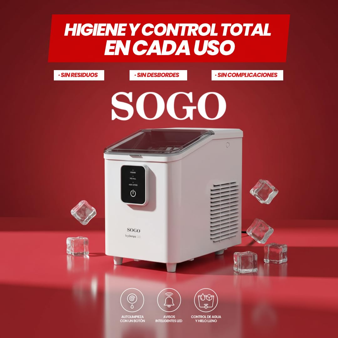 SOGO Máquina de Hielo Compacta para Hogar y Oficina 12kg/día - Fabricadora de Hielo Rápida 8 Cubos por Ciclo - Función Autolimpieza - Máquina para Hacer Hielo con Depósito 1,8L - Avisos Inteligentes