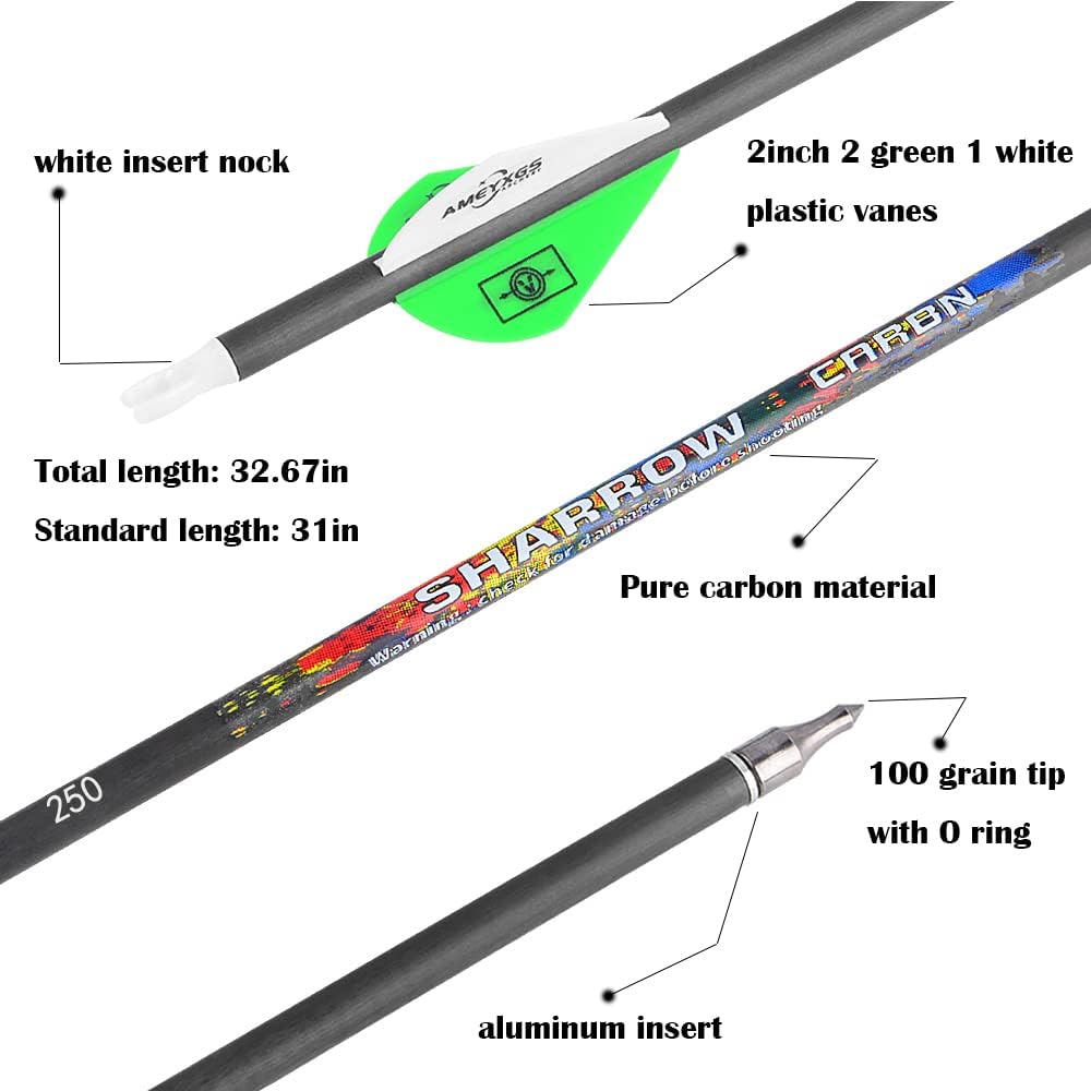 31 inch Archery Pure Carbon Arrows Spine 250/300/350/400/500/600 Hunting Arrows with 2" Feather 100 Grain Replaceable Points Targeting Practice Arrows for Recurve Compound Bow