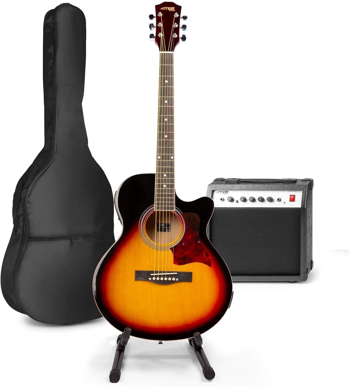 MAX ShowKit Pack Guitare Électro-Acoustique avec Accessoires - Sunburst, Idéal pour Débuter la Guitare