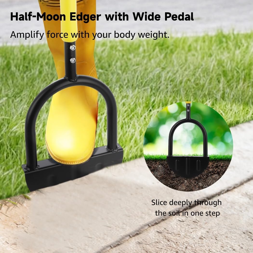 Manual Lawn Edger with Half-Moon Blade, T-Grip Handle, and Latex Gloves, Steel Construction for Clean Edging