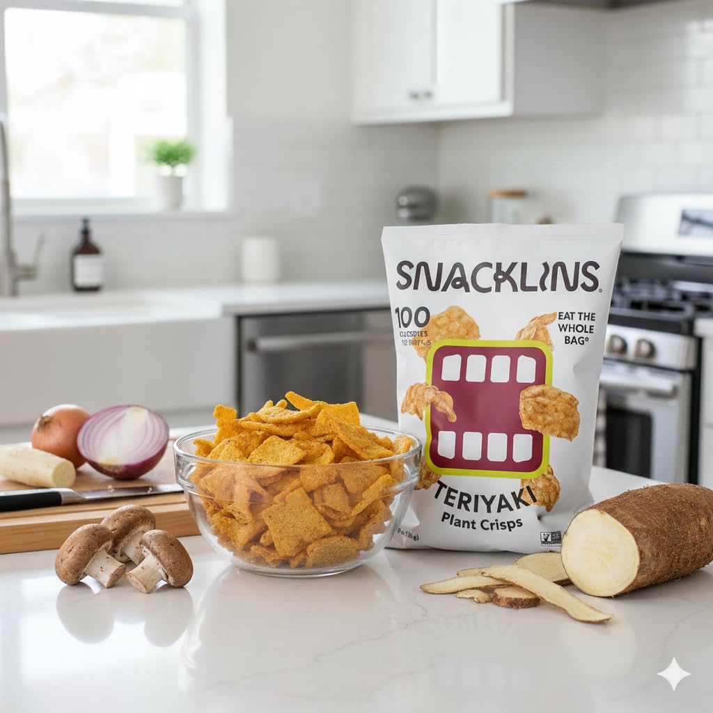 SNACKLINS Plant Based Crisps - Vegan Healthy Snacks - Gluten Free, Grain Free, 100% Kosher For Passover, Low Calorie - No Added Sugar, Crunchy, Puffed Snack - Teriyaki - 3oz (Case of 12)