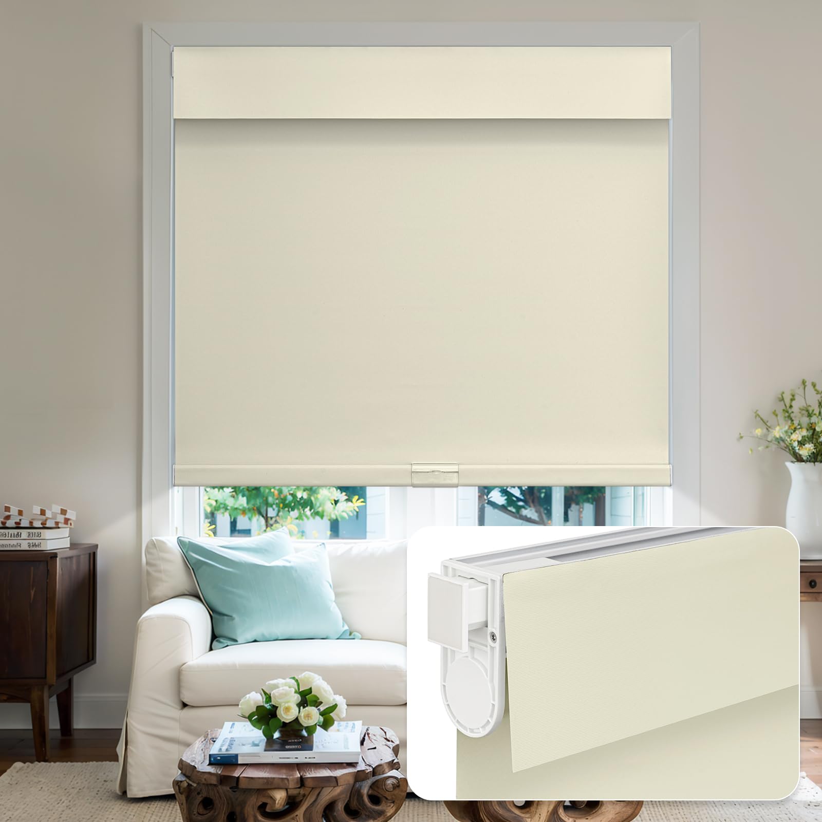 Keego Cordless Roller Blinds Easy Install No Tools No Drill Blinds for Windows Waterproof Blackout Shades for Kitchen Bedroom Bathroom Living Room (Beige, 114cm W x 120cm H) โ image 1