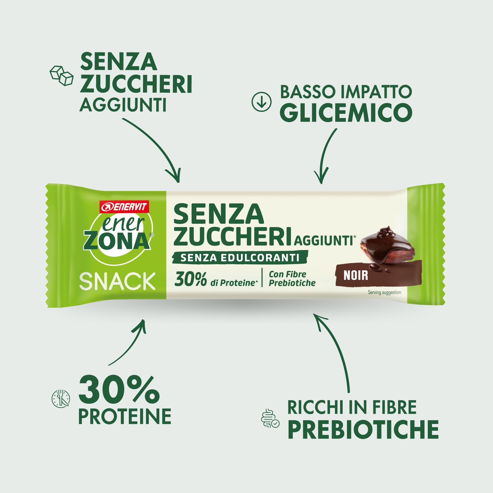 Enervit, Enerzona Protein Snack Gusto Noir, 30 Barrette Poteiche da 33gr Senza Zuccheri Aggiunti con Proteine del Latte e Fibre, per Mantenere il Tono Muscolare, Senza Olio di Palma