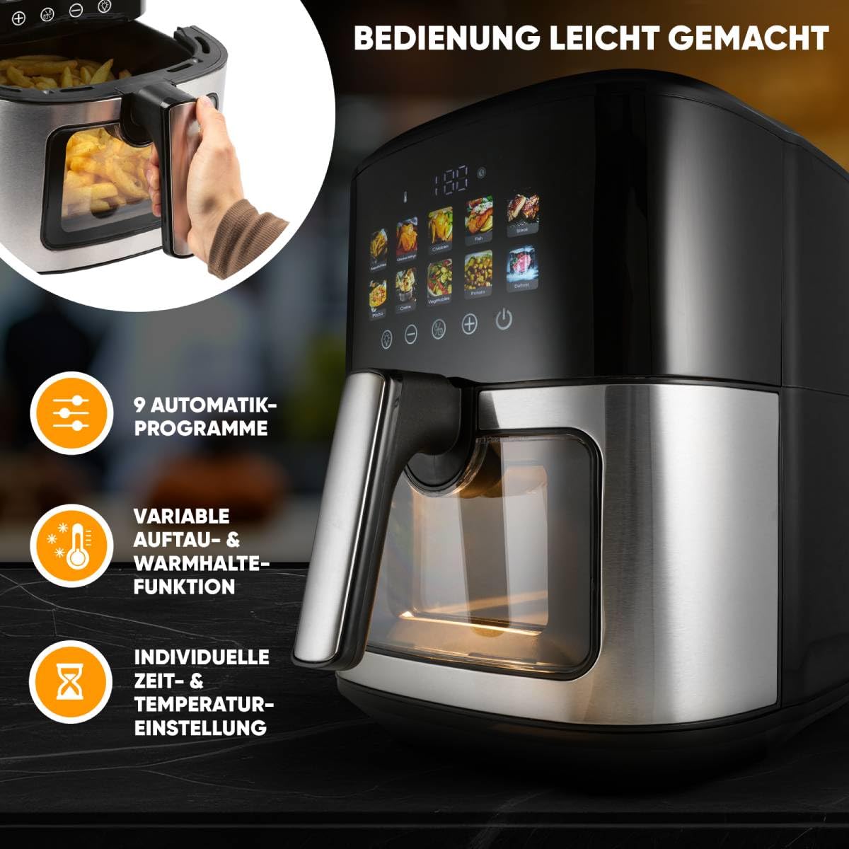 ProfiCook® Heißluftfritteuse 6,5L | Zubereitung ohne Öl oder Fett | Airfryer mit Color-Display | Heissluftfritteuse 9 Programme | 50-200°C | Air Fryer 1700W | Heißluftfritteuse XXL | PC FR 1286 H