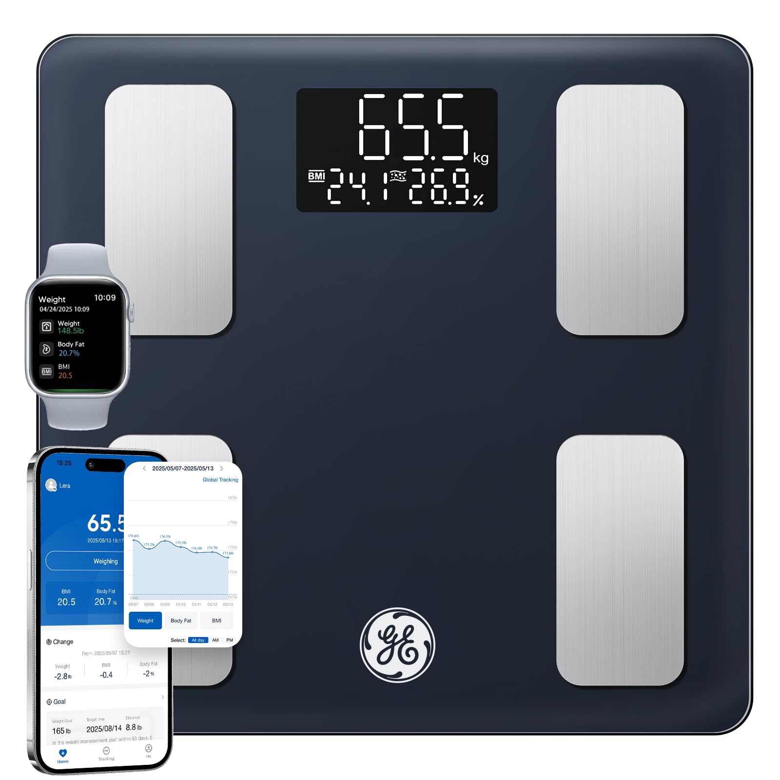 GE Bilancia pesapersone digitale con grasso corporeo BMI, bilancia intelligente per grasso corporeo, 180 kg | Ampio display, alta precisione, bilancia digitale per analisi corporea Bluetooth. ge