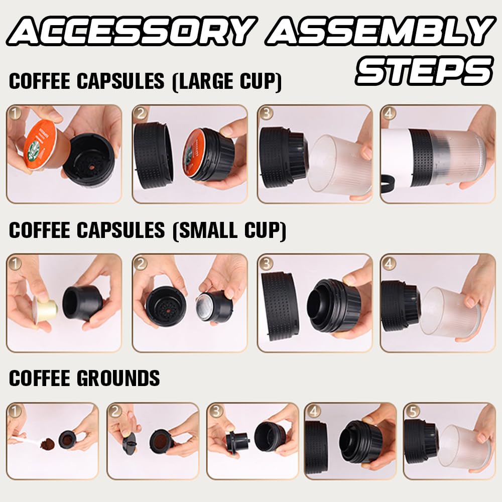 Cafetera Portatil 3 en 1, Cafetera Portatil Capsulas con Display de Temperatura, Batería Recargable USB-C 7500mAh, Máquina de Café Portátil para Cápsulas Pequeñas, Grandes y Café Molido