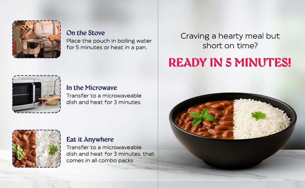 HOCCO Ready To Eat Instant Combo Of Rajma & Rice | Just Heat & Eat | No Preservatives Added & Colour | Meal Ready In 5 Minutes | Microwave-Able Serves (375g) - Image 4 thumbnail