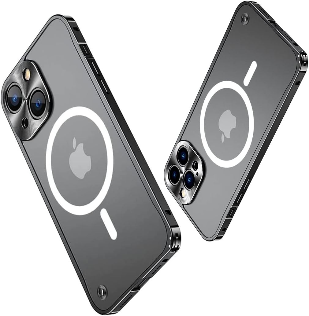 Metal Frame Case Compatible with iPhone 14, Ultra Slim Frosted PC Matte Back with Lanyard Holes Lock Type Military Aluminum Alloy Bumper (Black)