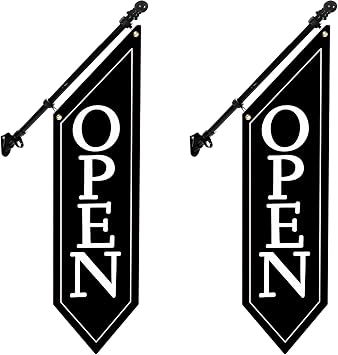2 Pack OPEN Flag with Pole Kit - Heavy Duty Canvas Open Banner for Business Storefront, 42x12 Inch Outdoor Double-Sided Sign with Bracket - Advertising Signage for Retail & Shops Black