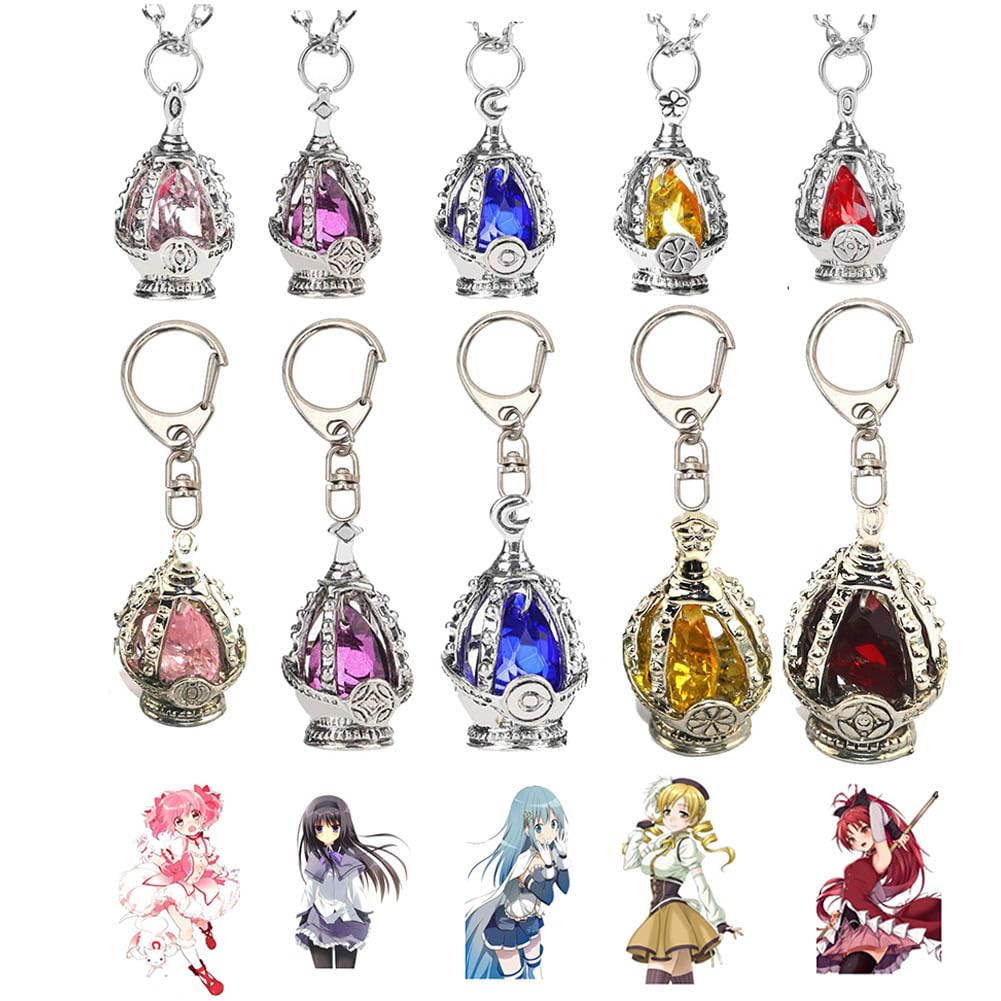 Madoka Magica Collana Portachiavi 2 Pcs, Anime Figure Kaname Madoka Cosplay Necklace Keychain Accessories, Madoka Magica Soul Gem Ciondolo Cinque Colori Gioiello