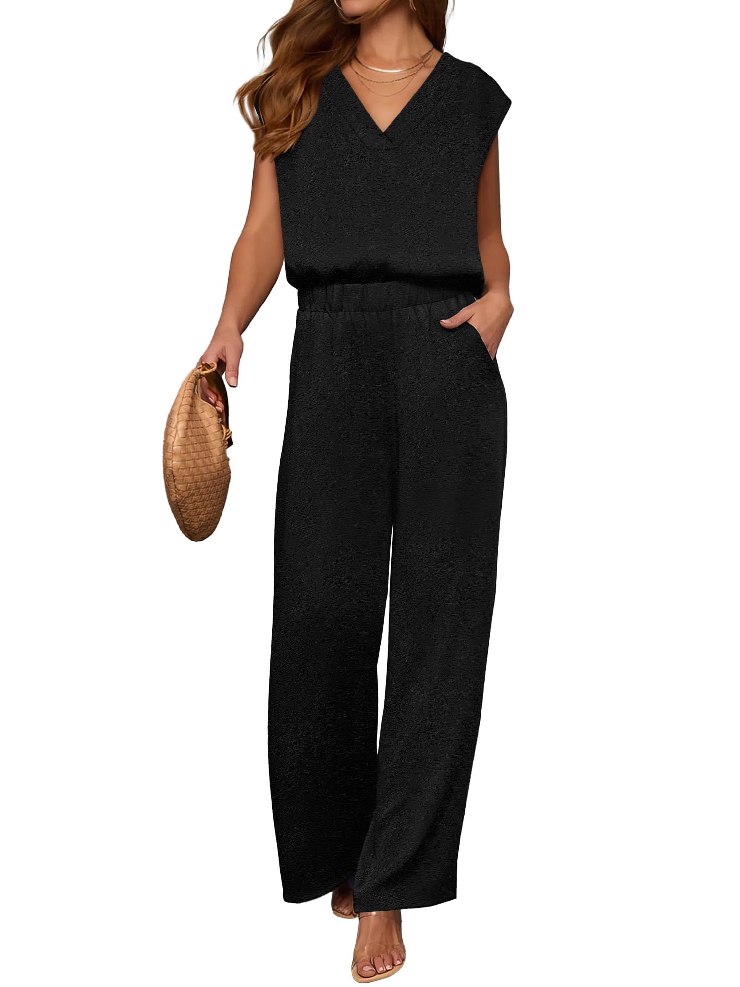 ANRABESS 2 Piece Sets for Women Lounge Outfits Summer V Neck Cap Sleeve Top Wide Leg Pants Vacation