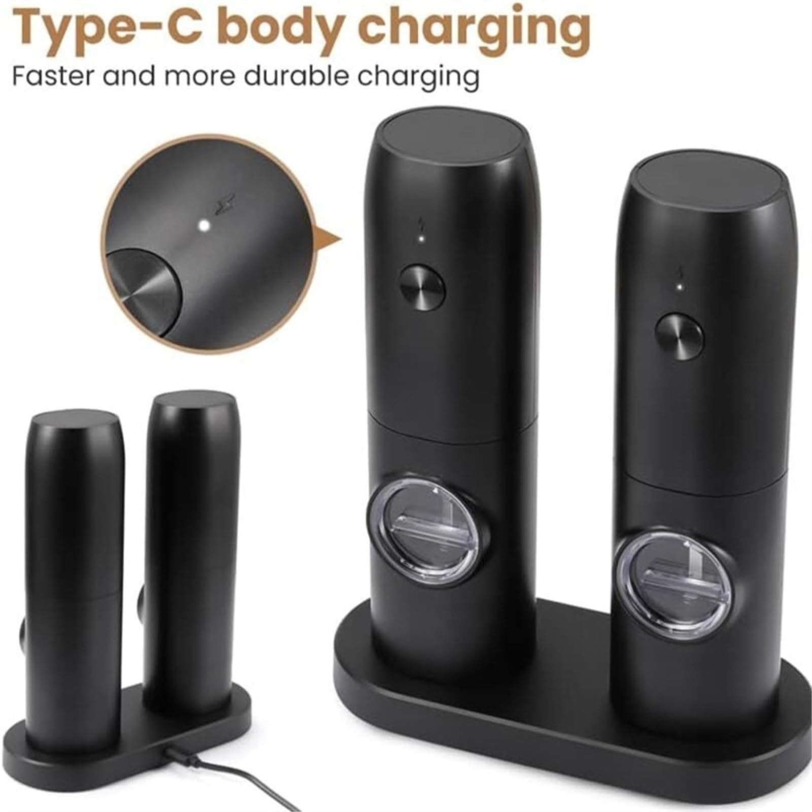 IRYZE Macinaspezie Macinapepe Macina Spezie Set Macina Sale E Pepe Elettrico USB Ricaricabile Macina Pepe Automatico Alimentato A Batteria Macinasale Macina Pepe (Color : Nero, Size : 2pcs)