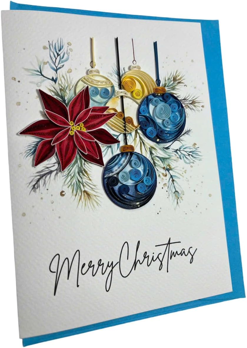 Handcraft 3D Quilling Christmas Card, Envelope Included, Blank Inside, Xmas Card, Merry Christmas, Christmas Bauble, Flower, Ready To Gift - Image 2