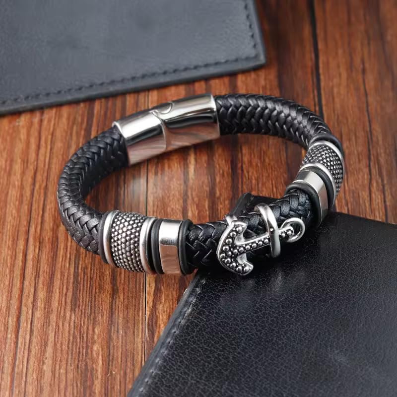 Image of THE MEN THING Leather Bracelet for Men - American Style Genuine Leather Multi-Layer Braided Bracelet with 100% Stainless Steel Magnetic Buckle for Men & Boys (8 inch)