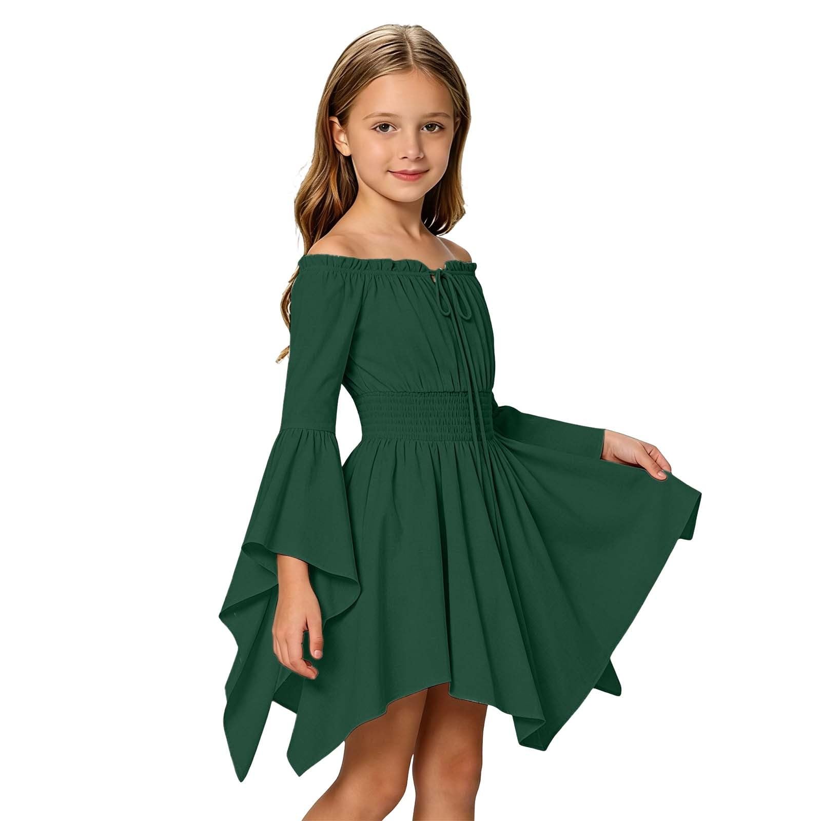Girls Medieval Short Dress Off Shoulder Pirate Dress Medieval Dress, Elastic Smocked Waist, Flared Sleeve, Renaissance Steampunk Style, Halloween Cosplay Carnival Costume — image 1
