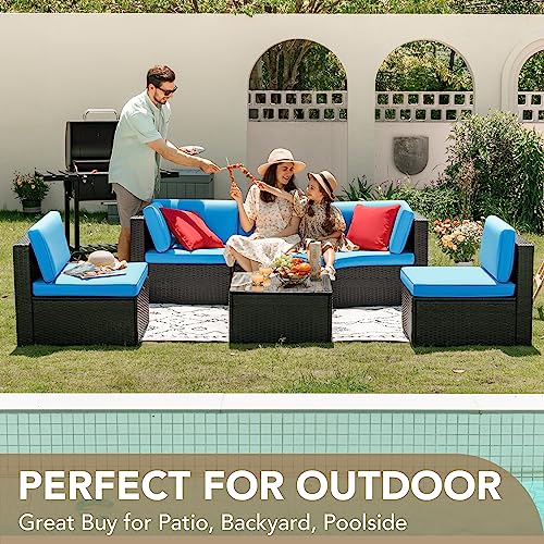 Devoko Patio Furniture Sets 6 Pieces Outdoor Sectional Rattan Sofa Manual Weaving Wicker Patio Conversation Set With Glass Table And Cushion (Blue) #TOP1