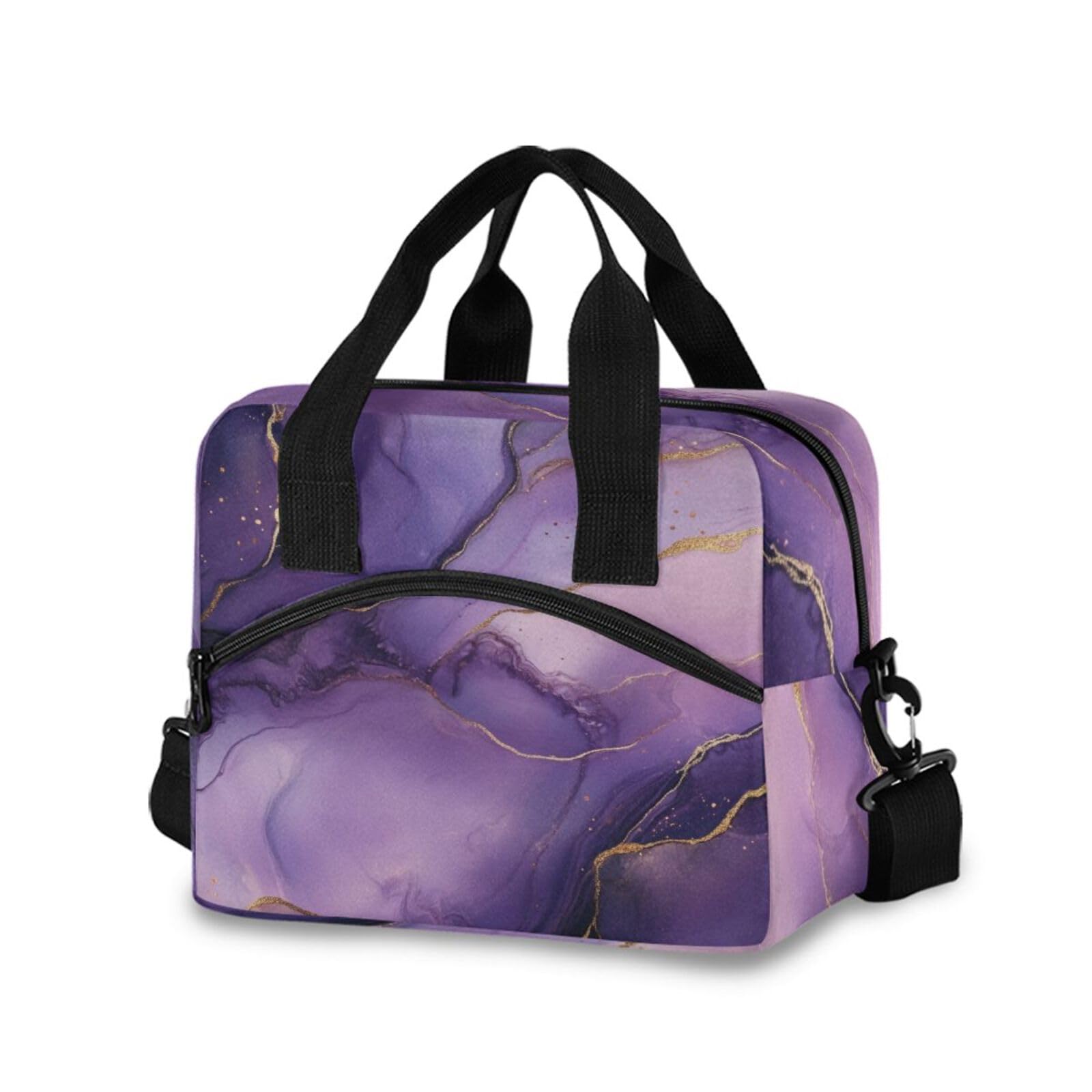 Kcldeci Purple Golden Marble Lunch Bag for Women Insulated Lunch Bag Lunch Box Reusable Cooler Cooling Tote with Adjustable Shoulder Strap for Adult