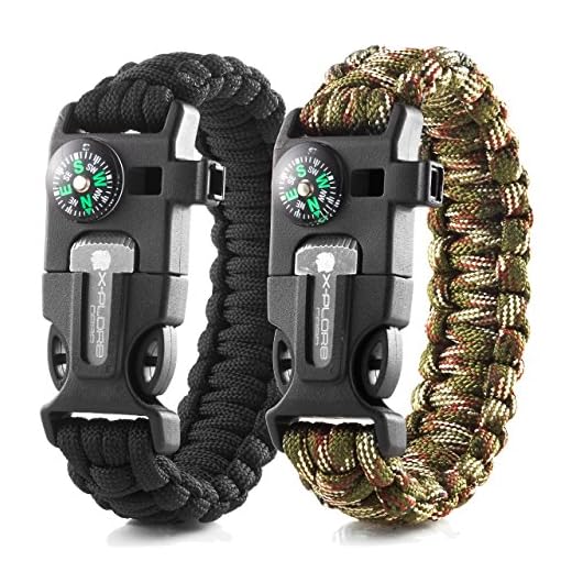 X-Plore Gear Emergency Paracord Bracelets | Set of 2| The Ultimate Tactical Survival Gear| Flint Fire Starter, Whistle, Compass & Scraper | Best Wilderness Survival-Kit - Black(R)/Camo(R)
