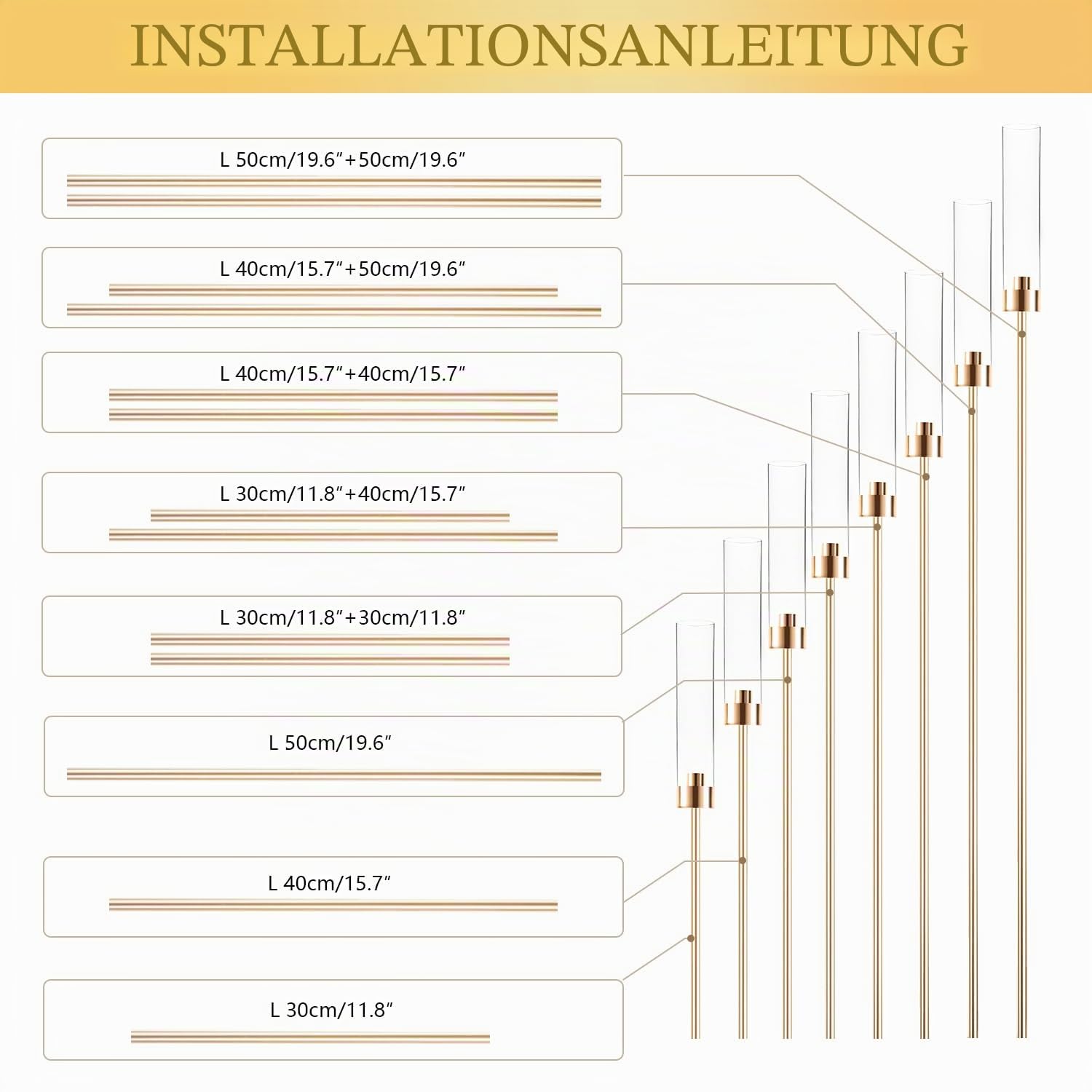 Boden-Kerzenhalter mit Acryl-Lampenschirm, 125 cm hoch, Acryl-Kerzenhalter für konische LED-Kerzen, goldfarbenes Mittelstück für Tisch, Hochzeit, Party, Event, Empfang, Heimdekoration (Gold)