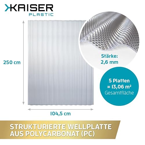 KAISER plastic® 5er Set Wellplatte Wabe | Xtra Strong (PC) | Wabenstruktur und klar | 2,6mm Stärke | Welle 76/18 | 104,5 x 250 cm | Made in Germany